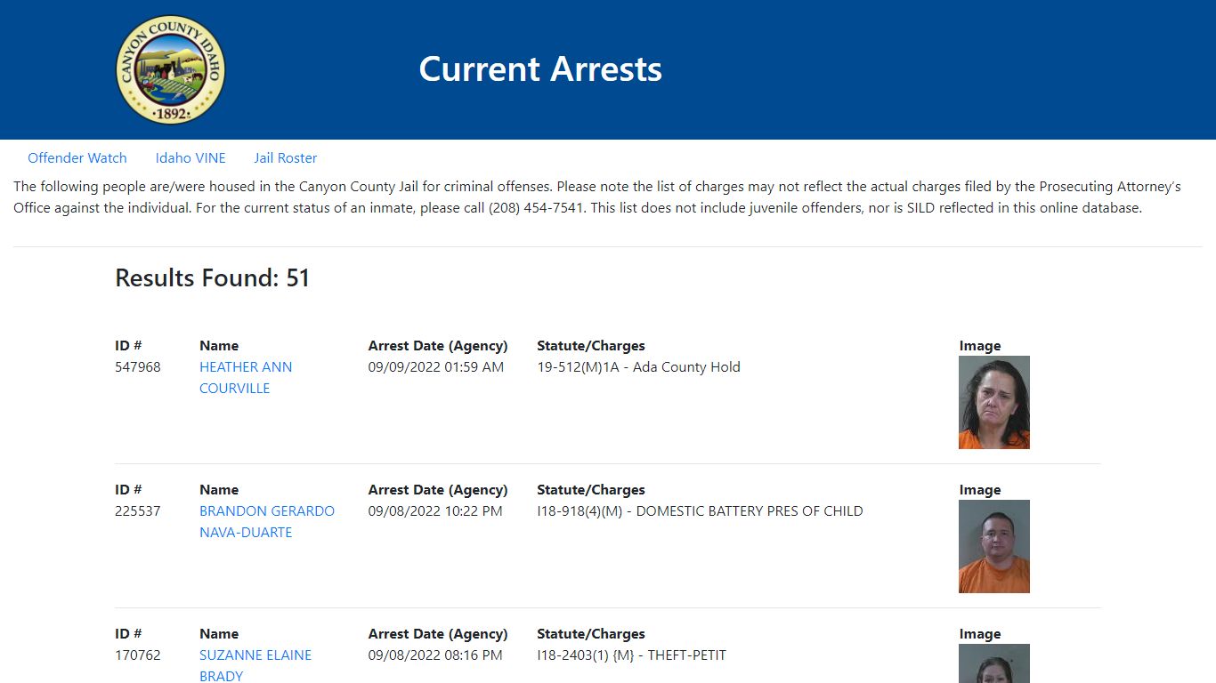 Current Arrests - Canyon County, Idaho